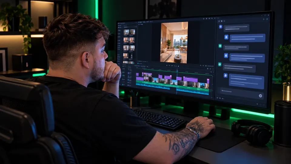 Ruy Martinez de costas, com a mão no queixo, editando no computador um vídeo de apartamento: a linha do tempo e a conversa com a IA na tela, luz verde no estúdio.